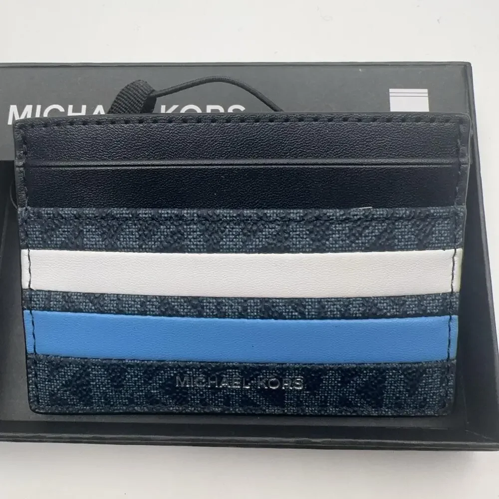 Michael Kors Card Case Wallet Mens Blue Multi Stripe Logo Malone
